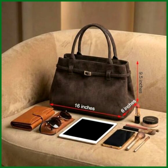 Vegan Suede Tote Bag with Gold Hardware Slouchy Hobo Shoulder Purse - Picture 4 of 7